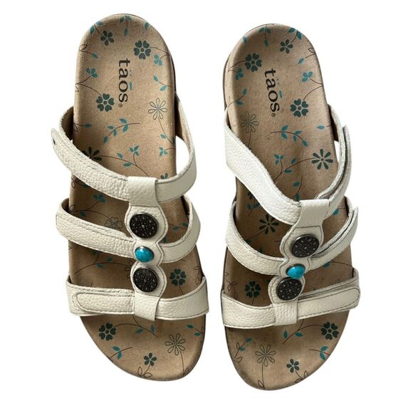 Taos Prize 3 Strap Leather Turquoise Stone Detail Velcro Comfort Sandals Size 9 - Picture 1 of 6